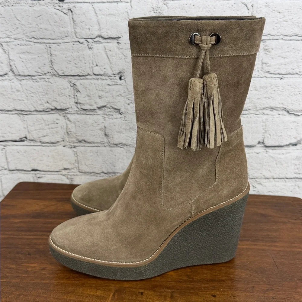 AQUAITALIA Viola Weatherproof Suede Leather Wedge Boot 8.5 Taupe/Grey VGC!